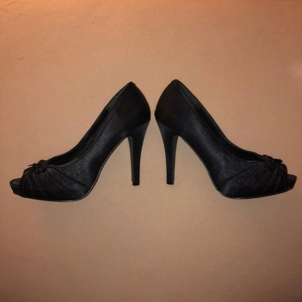 Black Satin Peep Toe Heels